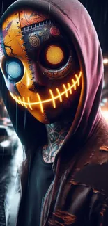 Cyberpunk character with neon glow mask in vibrant street scene.