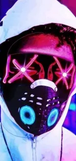 Cyberpunk masked figure with neon colors and vibrant design, perfect for phones.