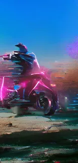 A cyberpunk motorcycle with neon pink accents on a futuristic landscape.