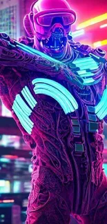 Cyberpunk neon art with a tech figure in vibrant cityscape.