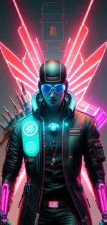 Vibrant cyberpunk neon art featuring a futuristic character in urban setting.