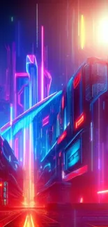 Cyberpunk cityscape with neon lights in a futuristic setting.