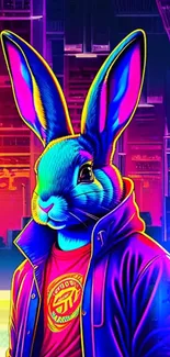 Vibrant neon-lit cyberpunk rabbit with colorful design in futuristic setting.