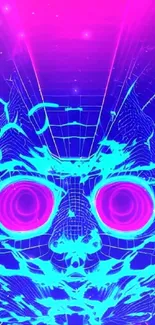 Neon blue cyberpunk skull on vibrant background.