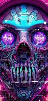 Vibrant cyberpunk skull with neon pink and blue hues, futuristic style.