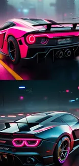 Futuristic cyberpunk sports car with neon highlights on a city street at night.