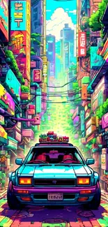 Futuristic cyberpunk street with neon lights and a retro car.