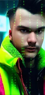 Cyberpunk portrait with neon green design elements.