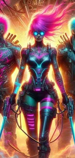 Vibrant cyberpunk trio with neon colors and futuristic design.