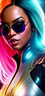 Cyberpunk woman with neon hair and sunglasses in vibrant colors.