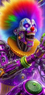 Vibrant futuristic cyborg clown with neon colors.