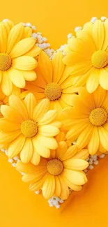 Bright yellow daisies arranged in a heart shape on a vibrant background.