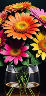 Vibrant bouquet of daisies in a vase, full of colorful petals.