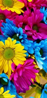 Vibrant pink, blue, and yellow daisy flowers forming a colorful pattern.