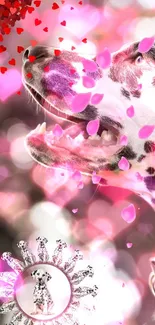 Dalmatian dog surrounded by pink hearts and petals on a vibrant background.