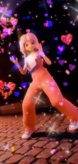 Anime character dancing with colorful floating hearts.