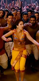 A vibrant dance scene with colorful costumes and energetic movement.