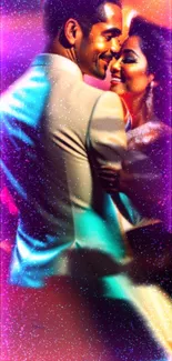 Vibrant dance couple with colorful lights background.