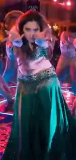 Dynamic dance scene with vibrant costumes and colorful lights.