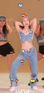 Energetic dance performance with heart icons and trendy outfits.