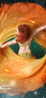 Dancer in vibrant orange swirls, showcasing dynamic movement.