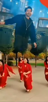 Red-clad dancers with urban backdrop, vibrant scene.