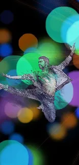 Dynamic dance silhouette with colorful bokeh effect on a black backdrop.