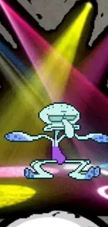 Animated character dancing under colorful spotlights on a mobile wallpaper.