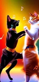 Two vibrant cats dance on a colorful gradient background.