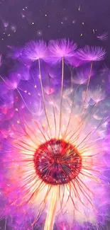 Vibrant purple dandelion art wallpaper with ethereal glow.