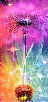 Vibrant dandelion art with colorful hues, perfect for phone wallpaper.