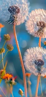 Vibrant dandelion and wildflower wallpaper with a blue background.