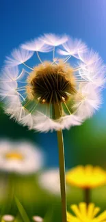 Dandelion under clear blue sky in vibrant field.