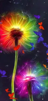 Colorful neon dandelions glowing on a dark background, perfect for mobile wallpaper.