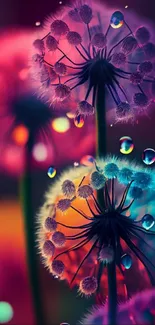 Colorful dandelions with dew drops against a vibrant background.