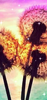 Vibrant sunset behind dandelions over water with colorful sky.