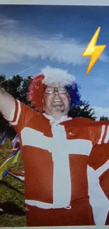 Danish fan waving flag on a sunny day.