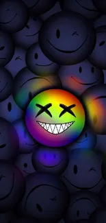 Dark mobile wallpaper with colorful grinning emoji