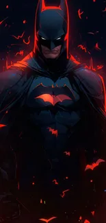 Dynamic Batman digital artwork with vibrant red highlights.