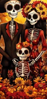Day of the Dead skeleton family with orange flowers.