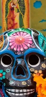 Vibrant Day of the Dead skull art with colorful decorations.