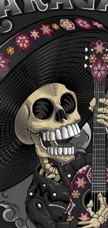 Day of the Dead wallpaper with skeleton guitar.