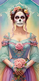 Vibrant Day of the Dead woman with floral decor in colorful pastel tones.