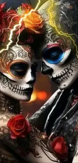 Colorful Day of the Dead wallpaper with skull makeup and roses.