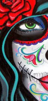 Vibrant Day of the Dead face paint art on wallpaper.