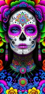 Vibrant Day of the Dead mobile wallpaper with colorful designs.