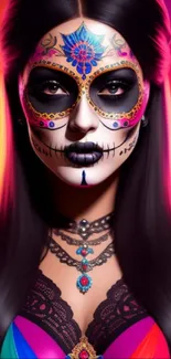 Vibrant Day of the Dead face art with colorful designs in a mobile wallpaper.