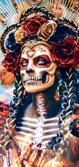 Day of the Dead artwork with La Catrina skull and headdress.