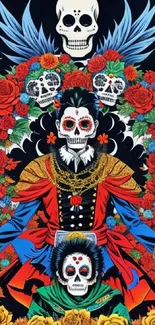 Day of the Dead art wallpaper with skulls and colorful flowers.