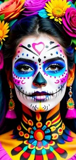 Vibrant Day of the Dead themed wallpaper with colorful face paint.